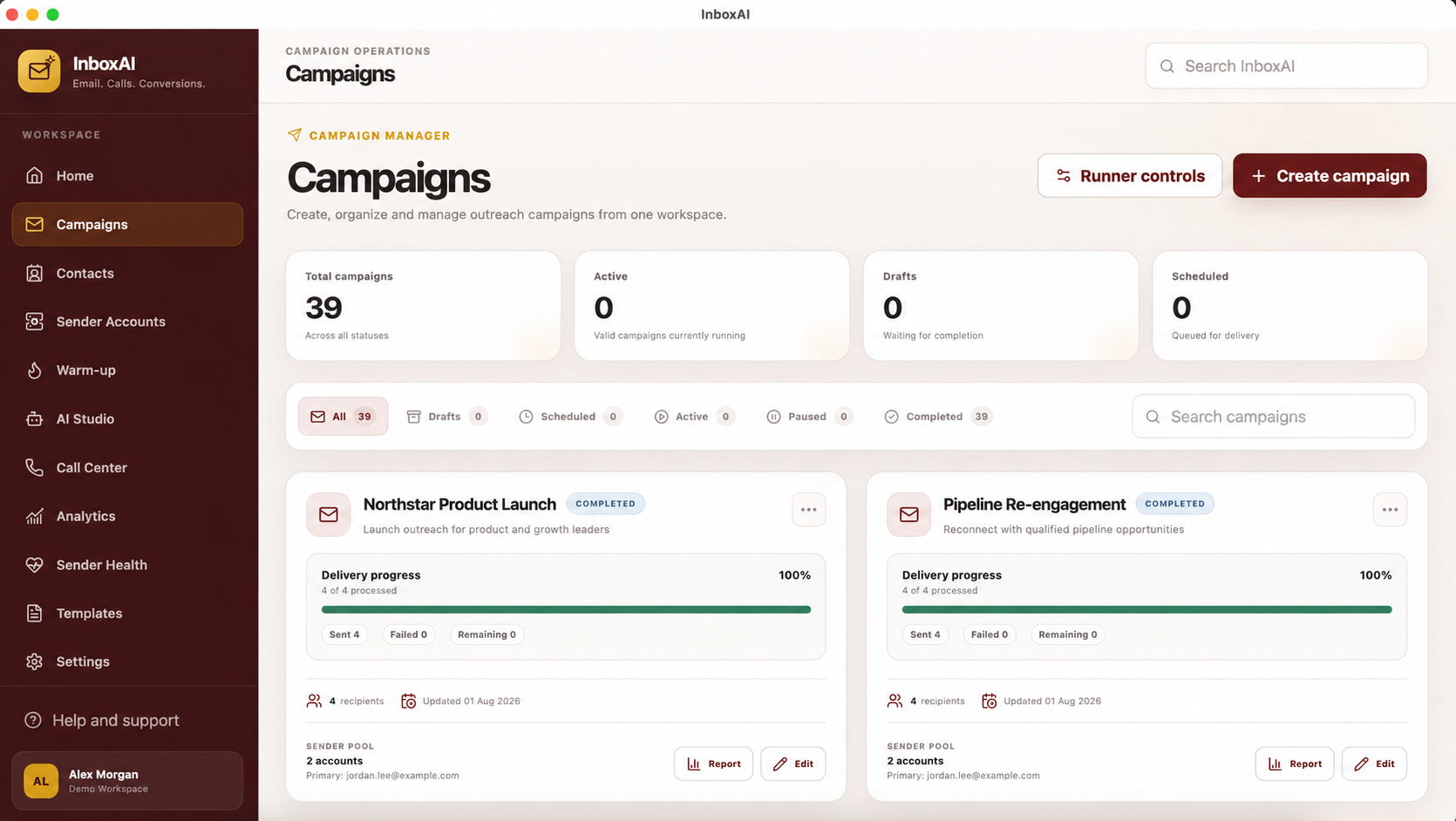 InboxAI Campaigns workspace with demo campaigns