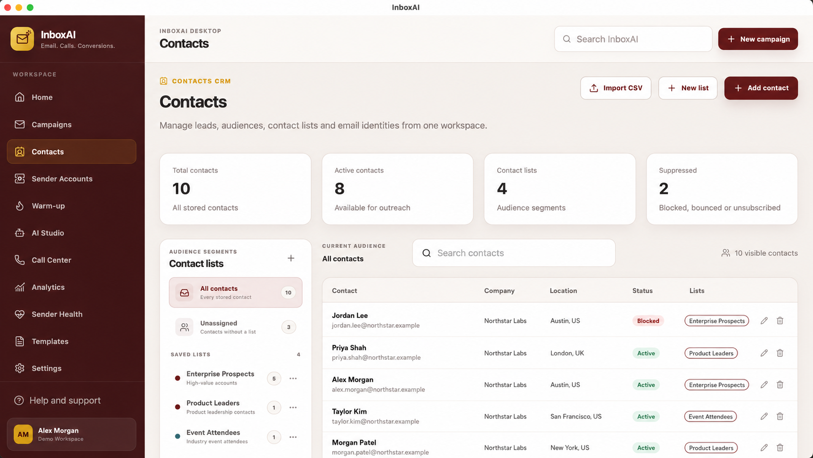 InboxAI Contacts CRM with demo audience data