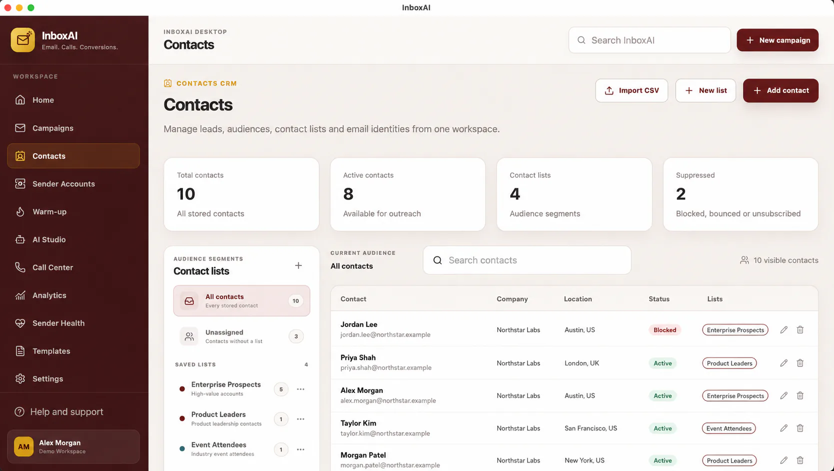 InboxAI contacts workspace showing fictional demo contacts and lists
