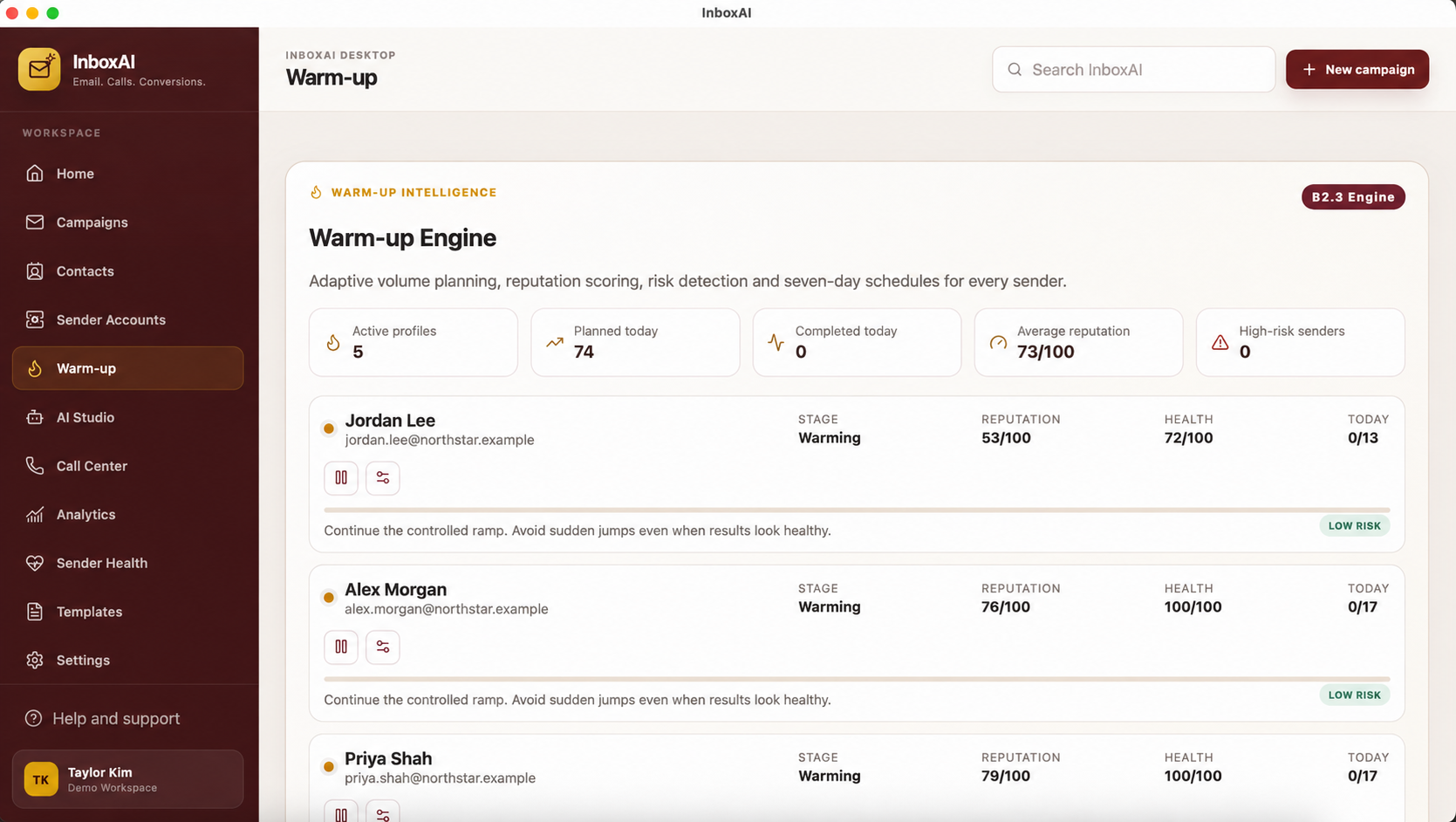 InboxAI Warm-up Engine with fictional demo sender profiles